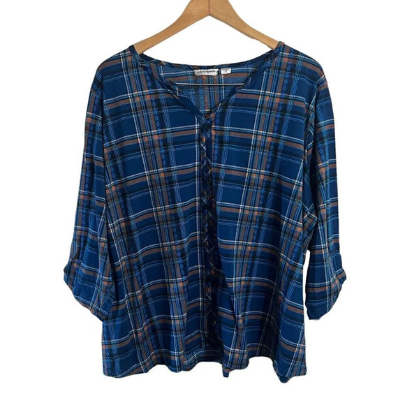 I.B. Diffusion Plaid Blouse Plus Size 3X Multicolor V Neck 3/4 Sleeves Fall Top - Picture 1 of 5